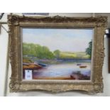 Crane - a landscape with a boating lake in the foreground and fields beyond oil on canvas bears a