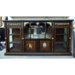 A late 19thC string inlaid and brass mounted, embossed and figured walnut veneered credenza,