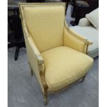 A late 20thC Continental style 'antique' finished, showwood framed salon chair,