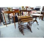Four pieces of small modern yew wood furniture: to include a nesting set of three occasional tables,
