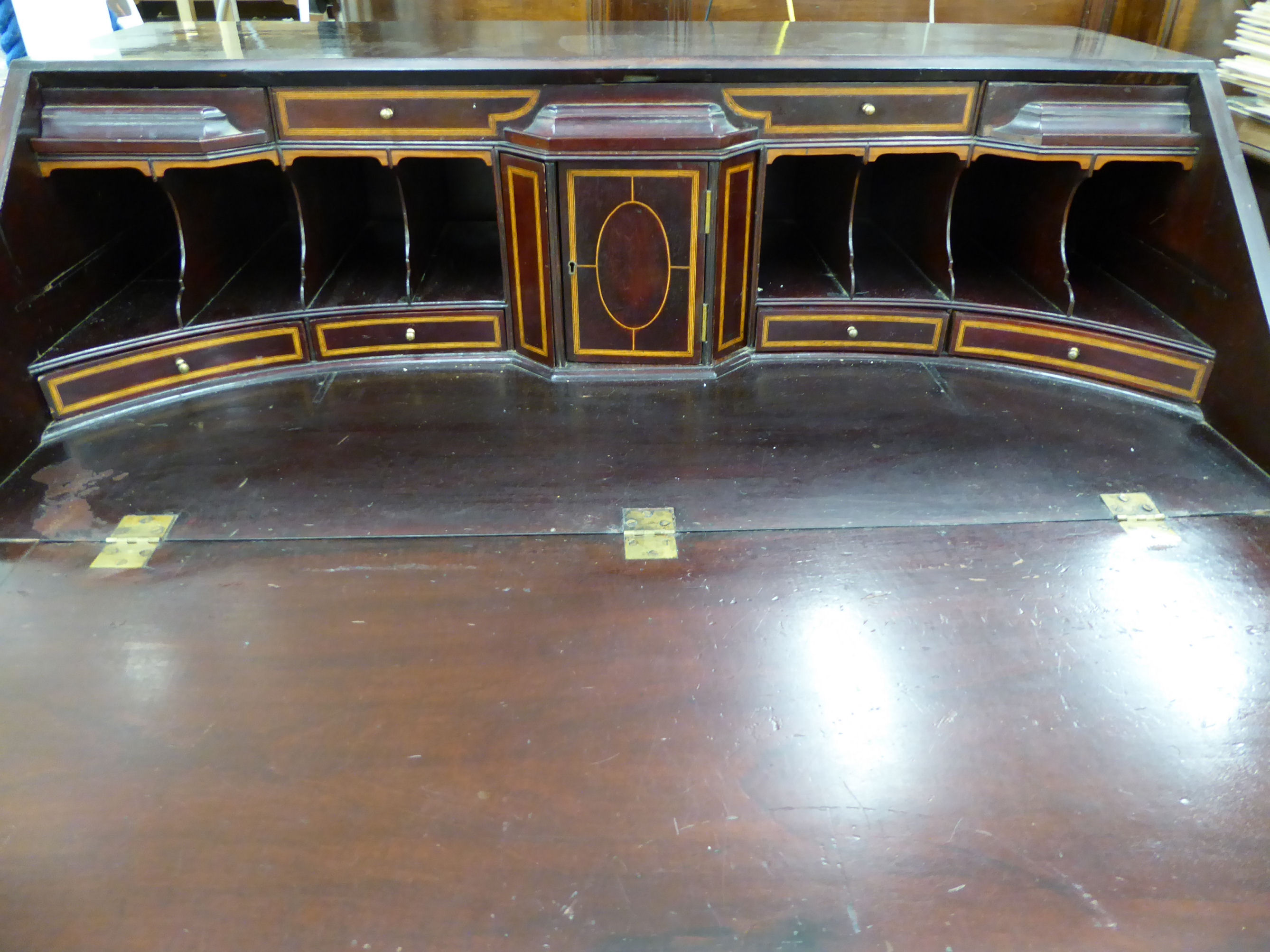 An early 19thC ebony and string inlaid mahogany bureau, the fall-flap enclosing a fitted interior, - Image 2 of 2