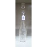A 19thC clear, faceted and tapered glass wine decanter and stopper, etched with trailing,