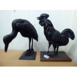 Two 20thC carved wooden models, a heron 13''h; and a cockerel 12.