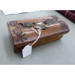 A late 19thC Continental fruitwood jewellery casket with applied metal decoration,