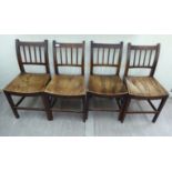 A set of four mid 19thC beech and elm framed bar and lath back dining chairs,