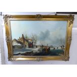 Modern Dutch School - a Victorian scene with figures ice skating on a lake with windmills and