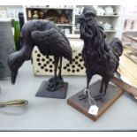 Two 20thC carved wooden models, viz. a heron 13''h; and a cockerel 12.