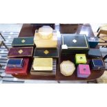 Various 20thC boxes: to include a green and gilt painted jewellery box with straight sides and a