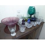 Decorative glassware: to include an 'over-sized' green glass pedestal wine glass 12.