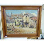 Cedric Ross - a European village scene with figures and buildings oil on canvas bears a signature