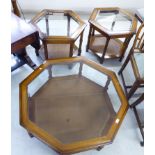 A set of three modern walnut finished occasional tables of hexagonal and octagonal form,