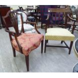 Chairs: to include a Regency mahogany frame open arm chair with a spindled back, raised on square,