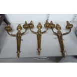 A set of three early 20thC neo-classical cast brass twin branch appliques 17''h OS9