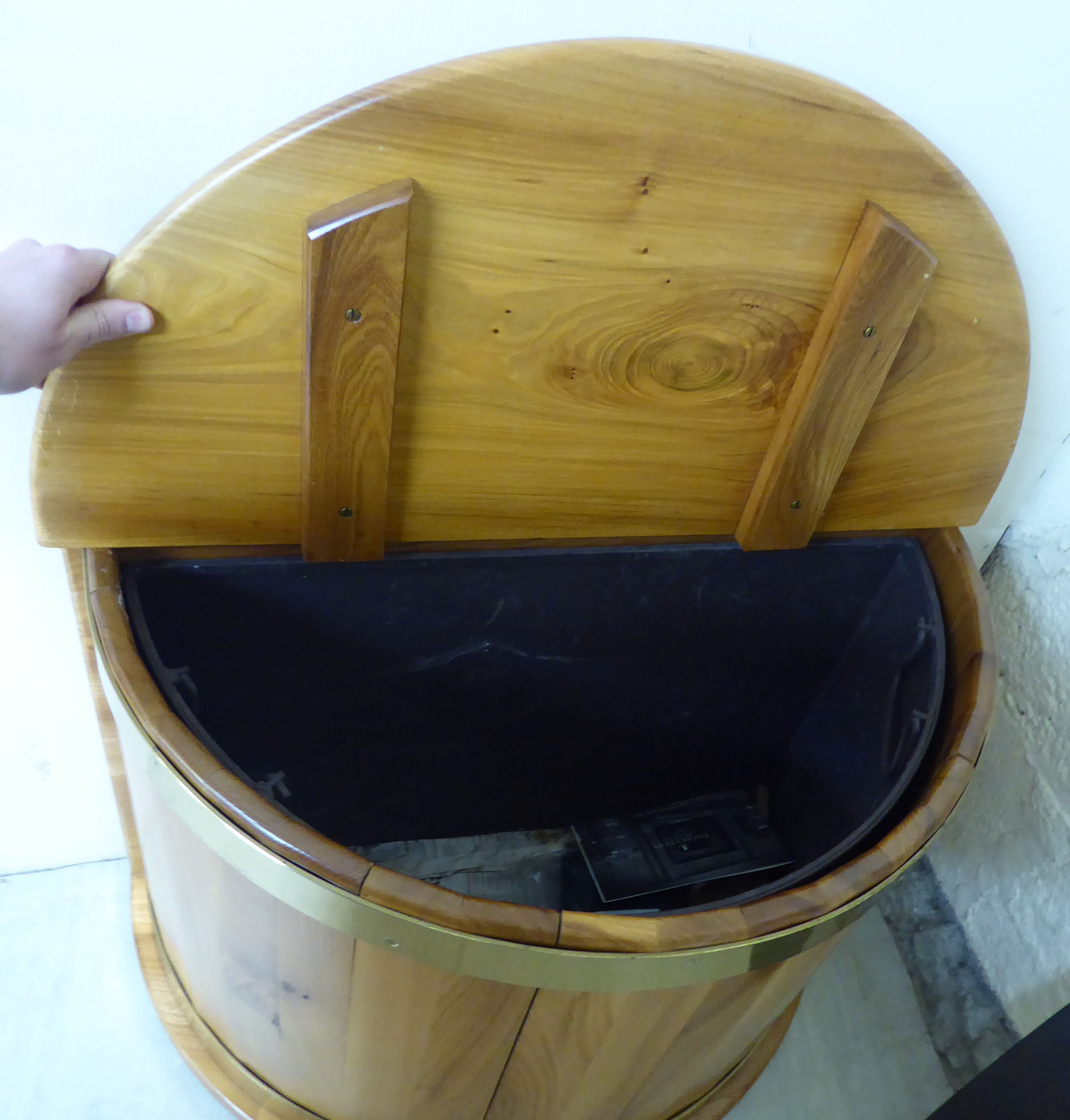 A modern bleached pine demi-lune bin with a hinged lid, enclosing a removable steel liner, - Image 2 of 2