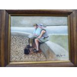 Toby Lyon - a couple seated on a sea wall with white cliffs beyond oil on canvas bears a