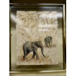Sheila Cooper - two elephants amongst grass mixed media on handmade paper using elephant dung from