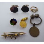 A 9ct gold and seed pearl set bar brooch; three 'scrap' gold items of personal ornament;