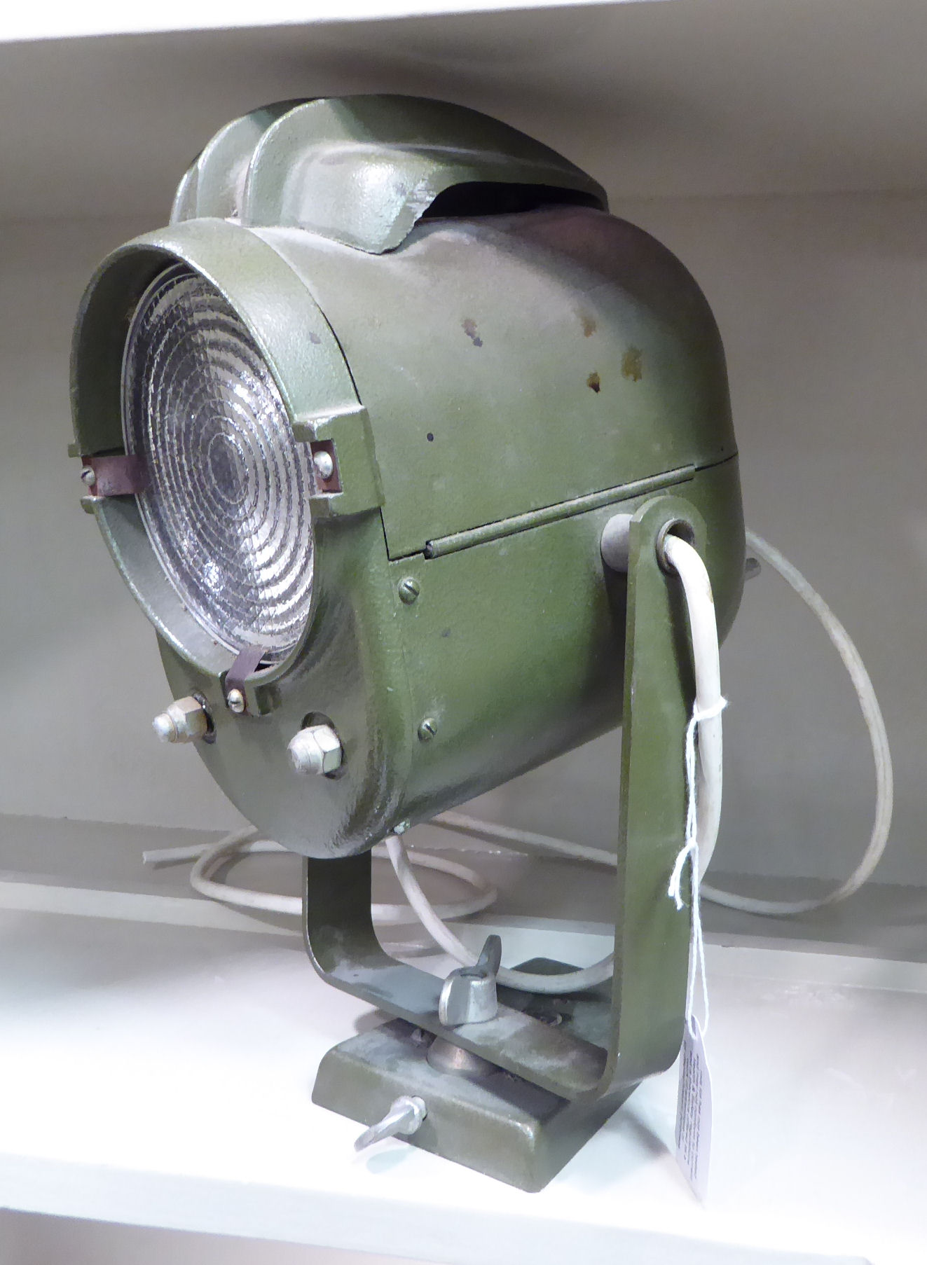 A Lita 62 military green coloured cast alloy and tinplate cased spotlight design desk lamp with a