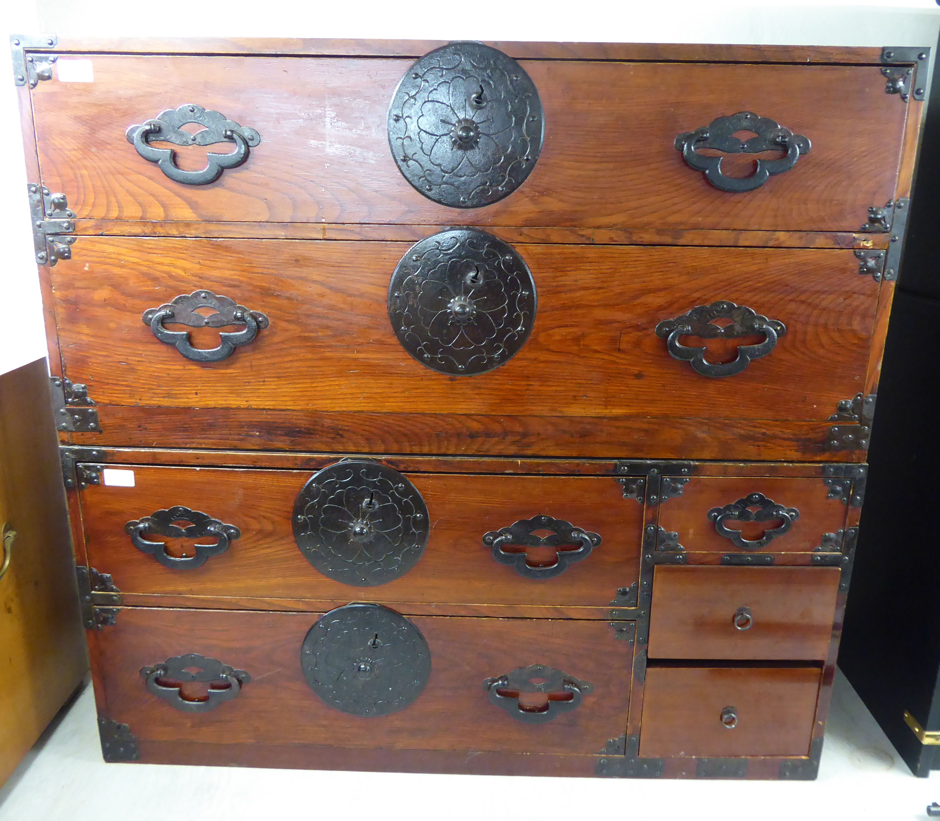 Two similar mid 20thC Orientally inspired stained pine chests with applied iron mounts 19''h - Image 2 of 2