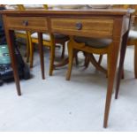 An early 20thC string and ebony inlaid two drawer side table, raised on square,