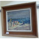 Geoffrey Wilson - 'Beach Party' oil on board bears a signature & label verso 10'' x 11'' framed