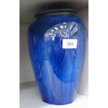 A Bourne Denby streaky blue glazed earthenware vase of baluster form bears impressed and printed