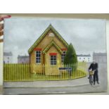 Toby Lyon - a street scene with a pastor with his bicycle on the road by his Baptist Chapel oil on