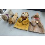 Four similar mid 20thC 'Waldi' and other mohair covered soft toys and glove puppets OS1