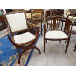 An Edwardian string inlaid mahogany tub chair and a 1920s oak framed elbow chair CA