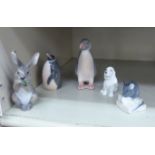 Five Royal Copenhagen porcelain model animals and birds, viz. two penguins No.1283 4''h & No.