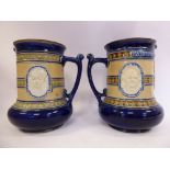 Two almost identical Doulton Lambeth blue, brown, green and cream glazed stoneware jugs of tapered,