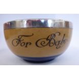 A Royal Doulton brown and blue glazed stoneware bowl with an applied silver rim and inscribed 'For