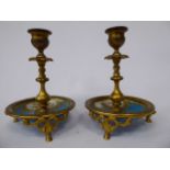 A pair of late 19thC Continental porcelain and gilt metal mounted candlesticks,