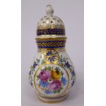 A late 19thC Continental porcelain caster of baluster form, the domed, perforated cover,