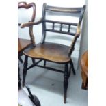 A late 19thC stained beech and elm framed elbow chair with a curved, reeded bar back,