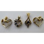 Four Art Nouveau inspired 9ct gold similar heart shaped pendants 11