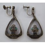 A pair of 'antique' marcasite and sapphire set pendant earrings,