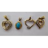 Four similar 9ct gold heart shaped and other pendants 11