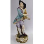 A late 19thC Meissen porcelain figure, a bagpiper, wearing a floral frockcoat and breeches,