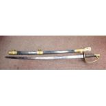 A United States of America cavalry sword, having a woven copper wire clad handgrip,