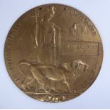 A Great War cast bronze Memorial Plaque,