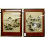 A pair of mid 20thC Japanese landscape paintings on silk 16'' x 14'' framed HSR