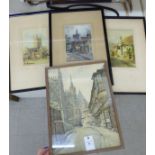 Four similar framed town scenes around Britain coloured prints 9'' x 6'';