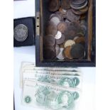 Uncollated British pre-decimal coins and banknotes: to include £1 notes and Victorian pennies