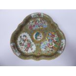 A late 19thC Canton Export porcelain galleried tray of trefoil design,