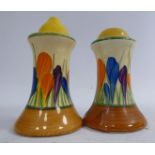 A pair of Clarice Cliff Newport pottery pepper and salt pots of waisted cylindrical form,