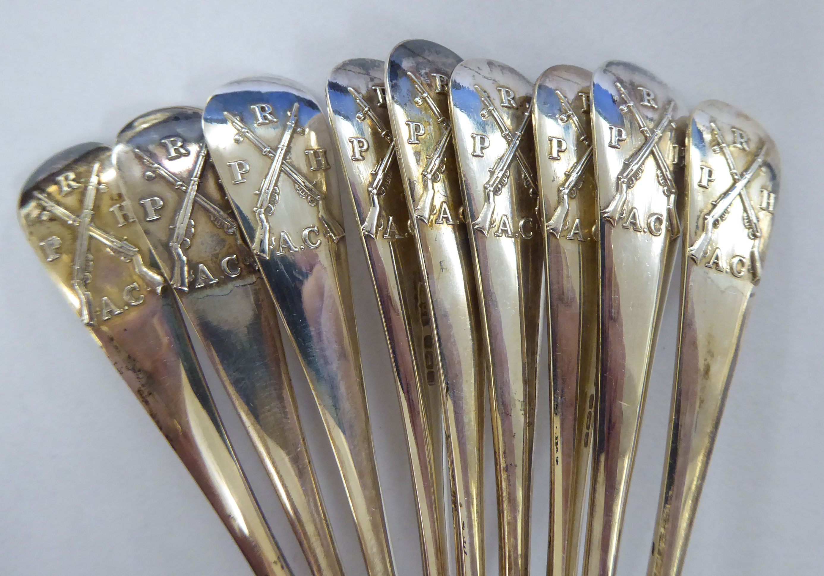 A matched set of nine silver shooting related presentation spoons mixed Sheffield marks 11 - Image 2 of 3