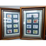 Two framed sets of eight silk floral patterned cigarette cards 7'' x 12'' HSR