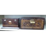 An early 20thC rosewood casket, inlaid with bone ornament,