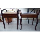 Two similar early/mid 20thC mahogany framed and upholstered piano stools, raised on square,